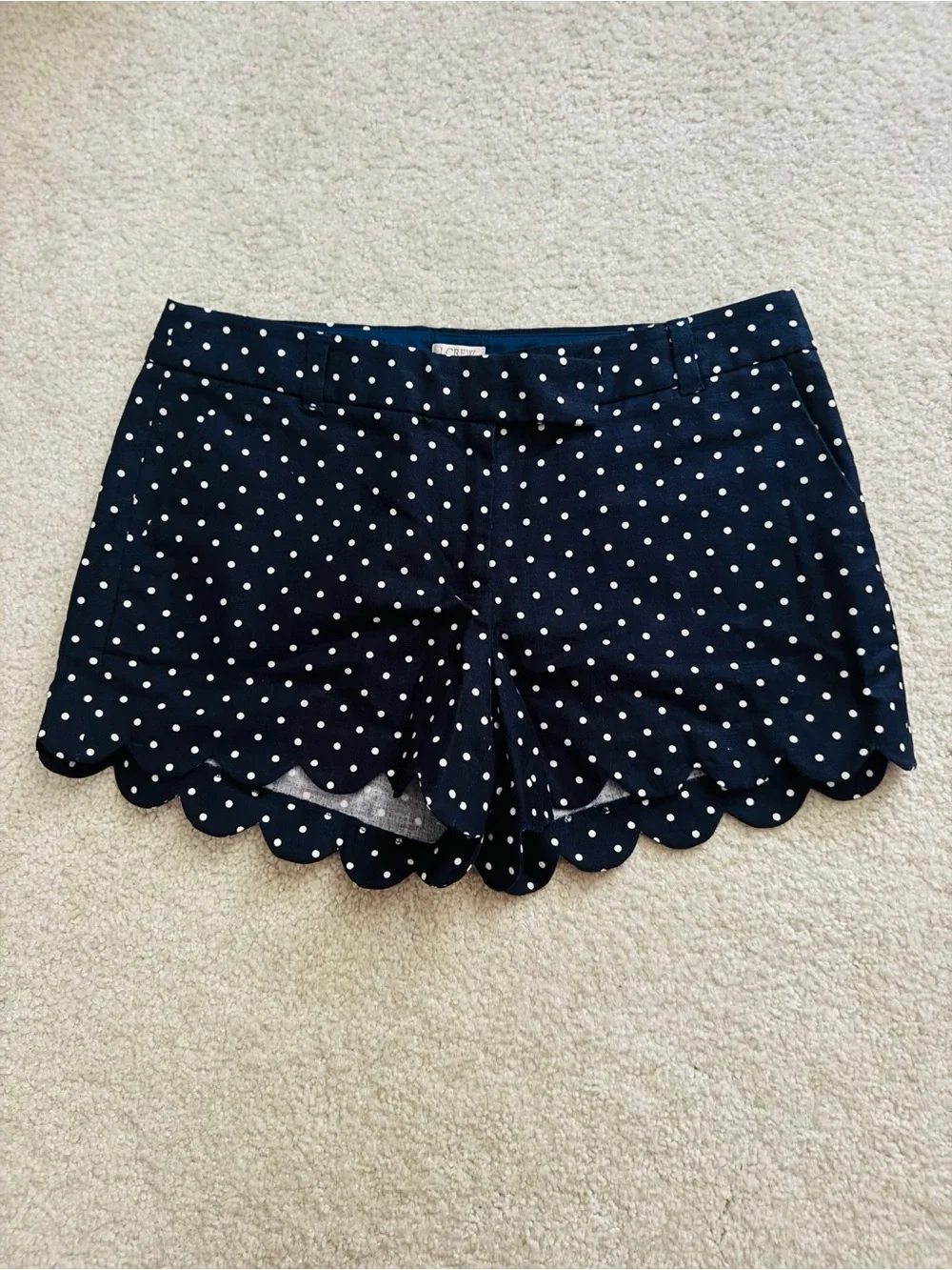 J. Crew Scalloped Hem Polka Dot Printed Navy Blue White Linen Cotton Mini Shorts